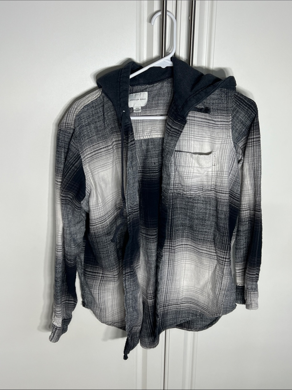 Casual Hooded Plaid Shirt Jacket - Black & White
